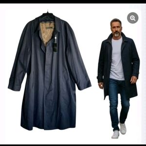 Joseph Abboud Black Trench Coat Tan Interior Zip Pockets Button Up Mens 44 XL